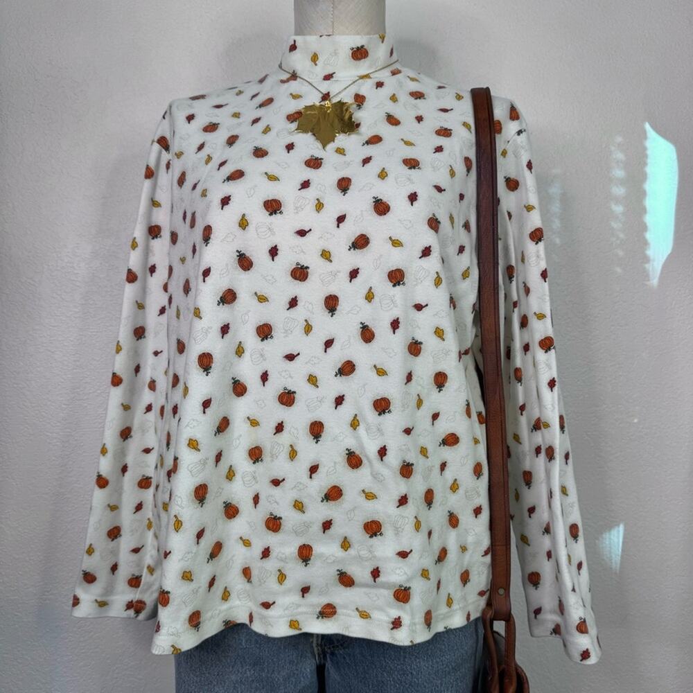 Vintage 90s Pumpkin Leaf Print Top XL Fall Autumn Cozy Cottagecore Halloween - Picture 4 of 6